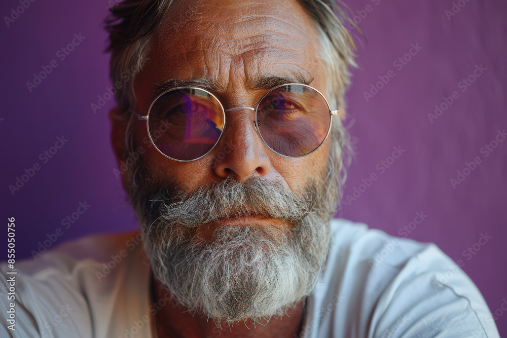 Close-up shot of senior bearded man wearing sunglasses.
