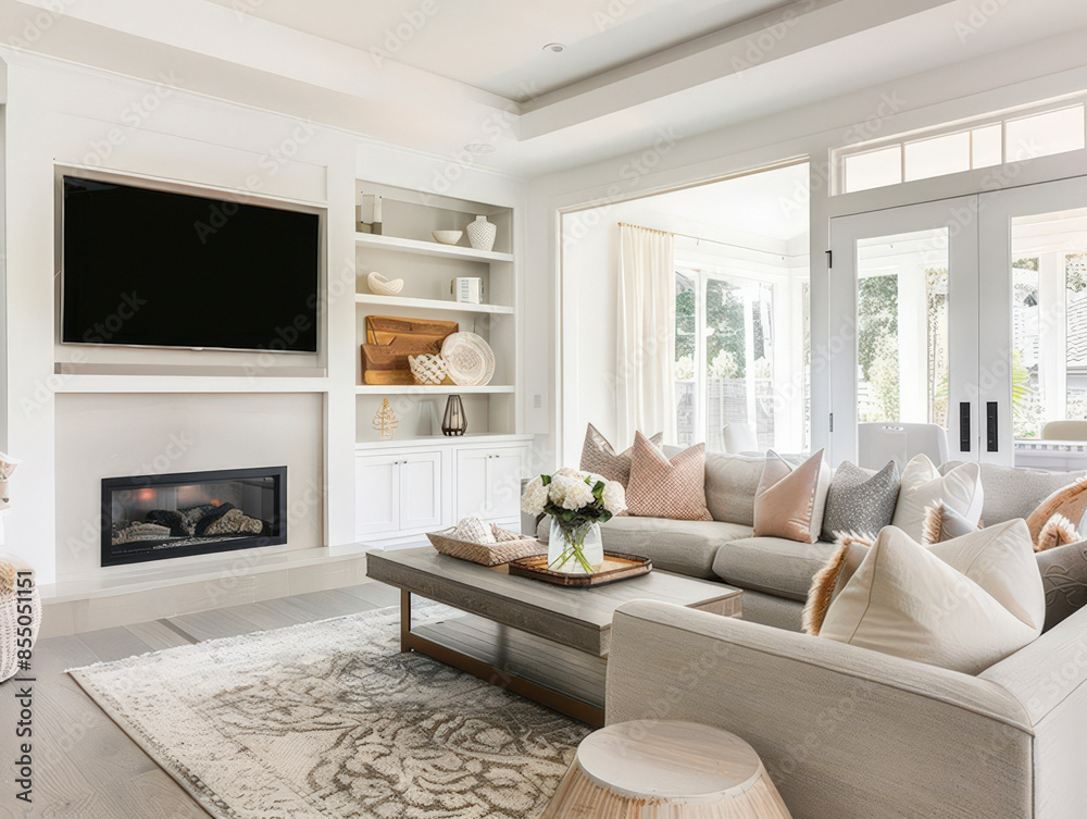 Fototapeta premium Interior living room with neutral tones and white walls in a modern style family home.