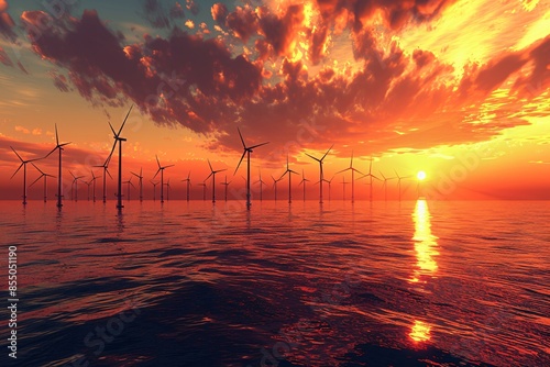 a group of wind turbines in the ocean photo