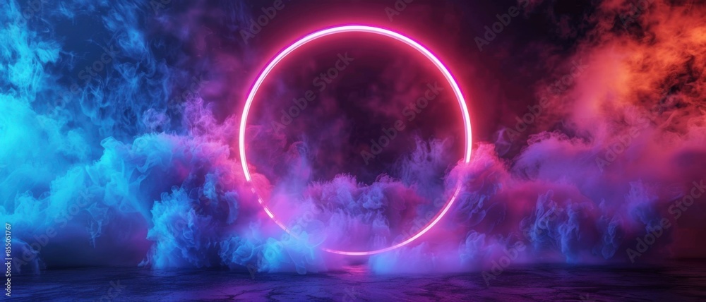 A neon circle surrounded by colorful smoke creating a surreal and vibrant scene. A neon circle surrounded by colorful smoke creating a surreal and vibrant scene.