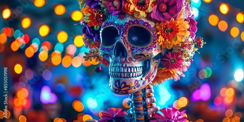 Colorful Sugar Skull with Floral Decorations and Festive Lights photo