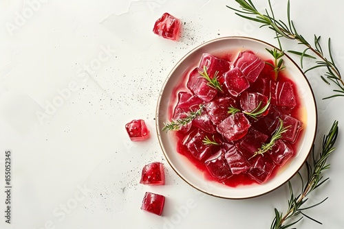 A top view and a close shot of Aspic meat on clean white plate and a big space over clean white backdrop for text or product advertisement, Generative AI. photo