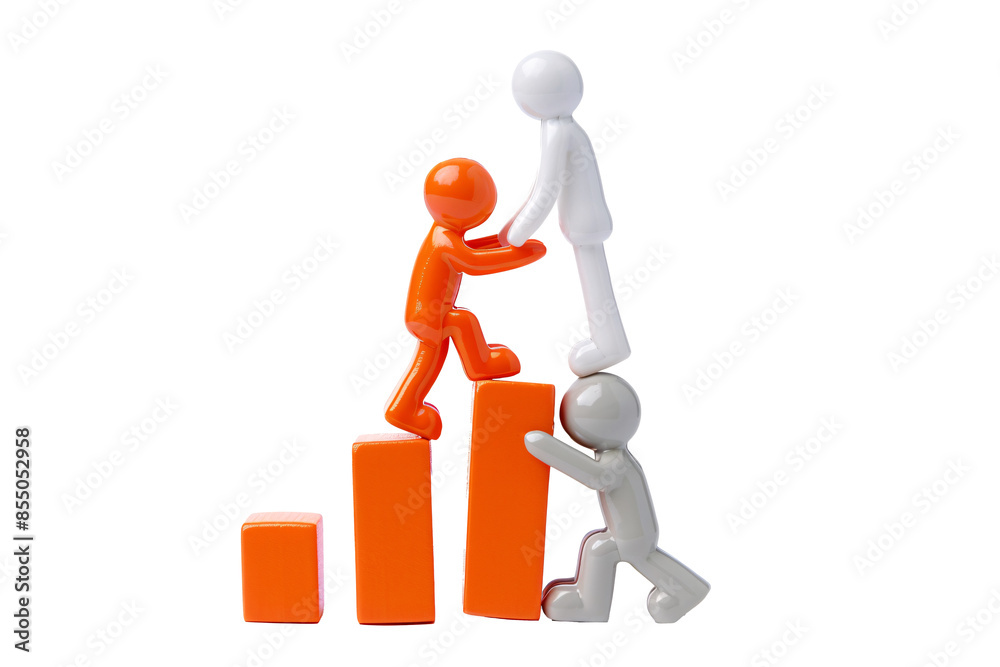 a group of plastic figures climbing up a bar graph
