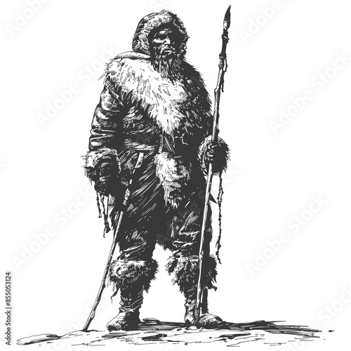 Ink Drawing: Fur-Clad Caveman with Spear, Primal Hunter, Prehistoric Age.