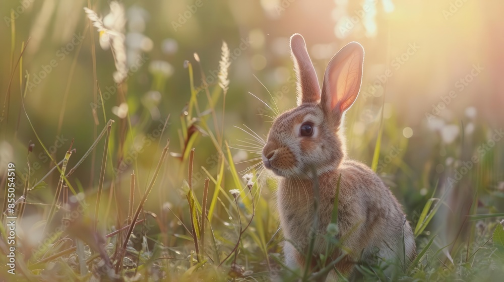 Fototapeta premium adorable rabbit portrait in meadow with soft light exposure cute bunny in nature animal photography