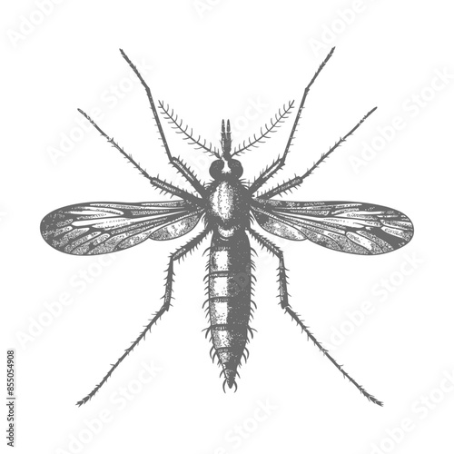 Monochrome Mosquito: Vintage Engraving, Detailed Anatomy, Isolated on White.