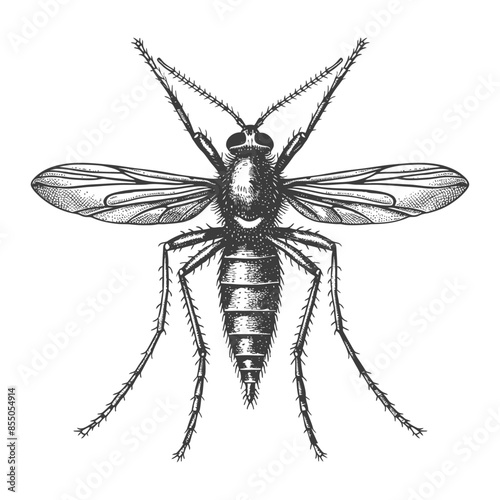 Detailed Etching of a Mosquito: Vector Illustration on White