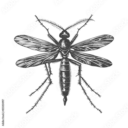 Etched Mosquito Illustration: Detailed Insect Drawing on White Background