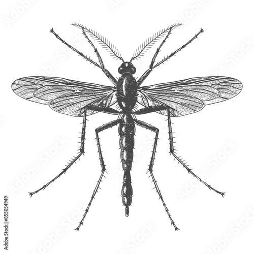 Etched Mosquito: Detailed Monochrome Insect Illustration.