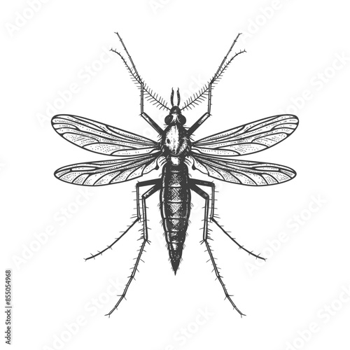 Detailed Engraved Mosquito: Vintage Etching of a Bloodsucking Insect.