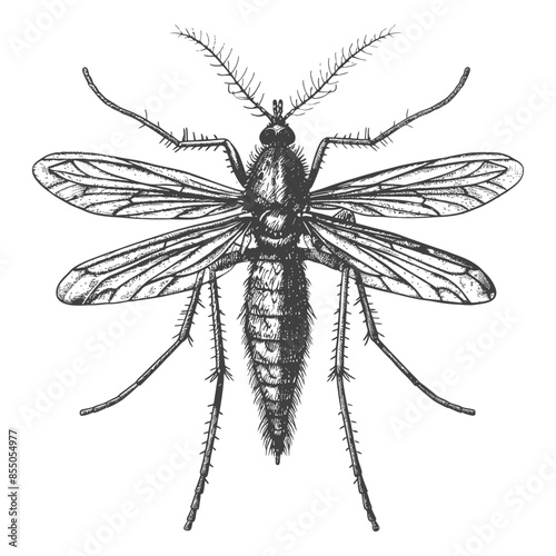 Detailed Mosquito Illustration: Entomology Art, Vintage Style Insect Drawing on White.