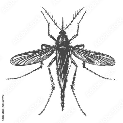 Detailed mosquito illustration, anatomical sketch, black and white vector.