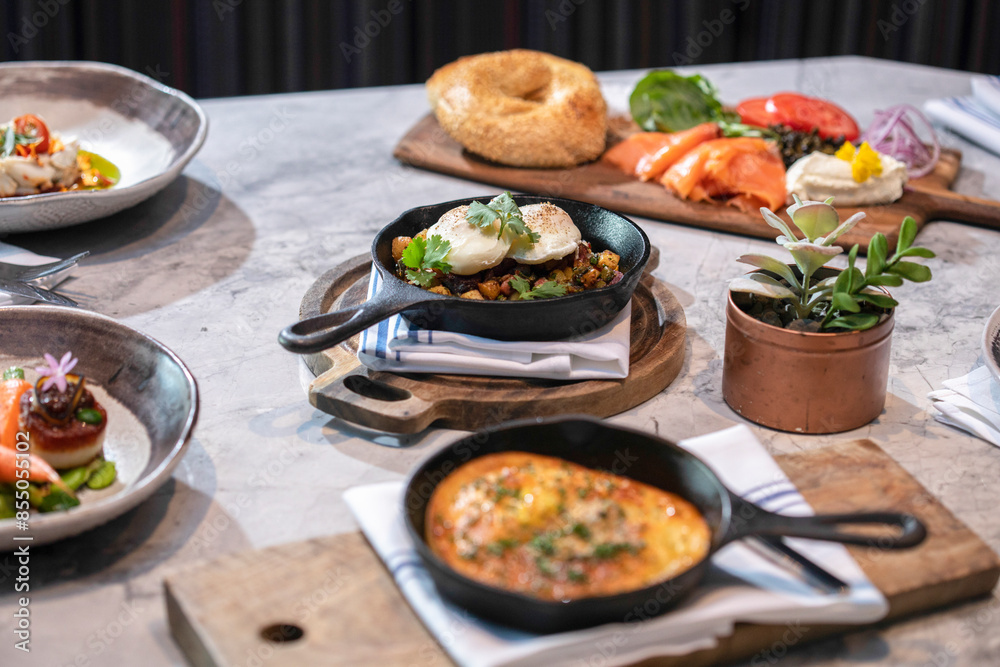 Food spread on table in upscale restaurant Food spread on table in upscale restaurant