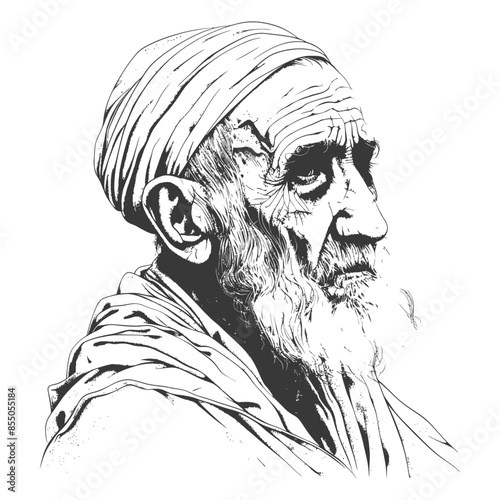 Ink Portrait: Elderly Man with Turban and Detailed Beard, Isolated.