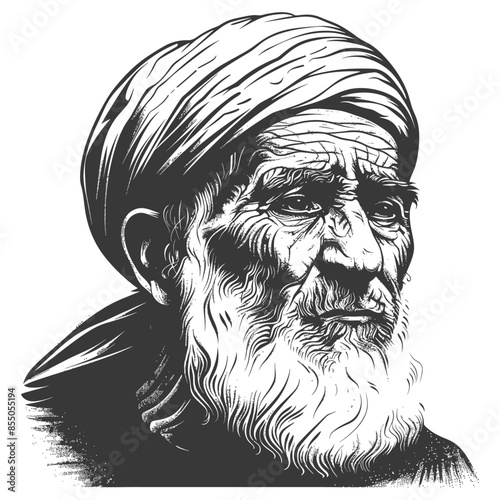 Wisdom etched: Grayscale portrait of an elderly man with turban and flowing beard.