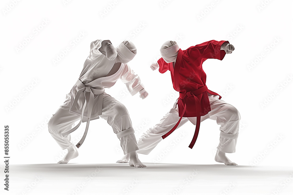 Action figure of a professional karate people isolated on copy space white background, Sports concept banner, Powerful strong Boxers in Action, Mix martial art digital portrait, surreal karate players Action figure of a professional karate people isolated on copy space white background, Sports concept banner, Powerful strong Boxers in Action, Mix martial art digital portrait, surreal karate players
