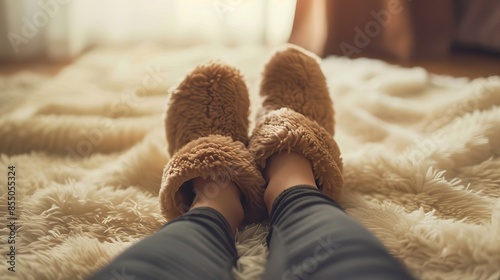 Person wearing fluffy slippers relaxing on a soft carpet in a cozy room