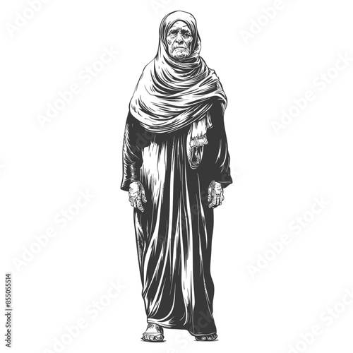 muslim elderly woman with engraving style black color only