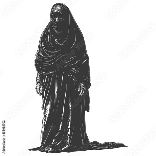 muslim elderly woman with engraving style black color only