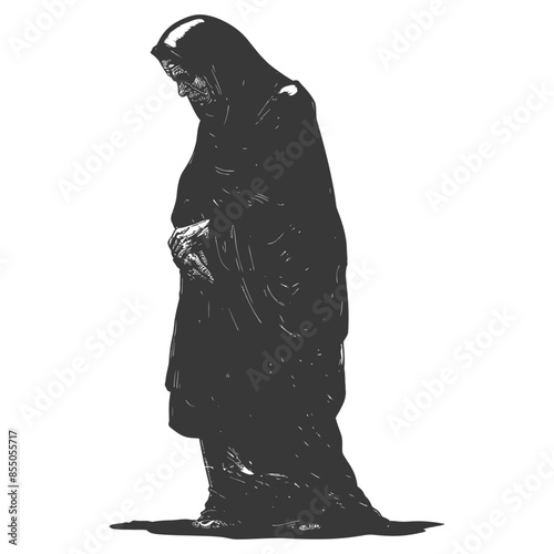 muslim elderly woman with engraving style black color only