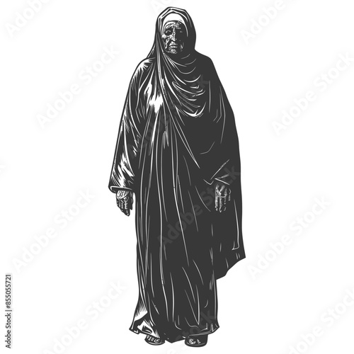 muslim elderly woman with engraving style black color only