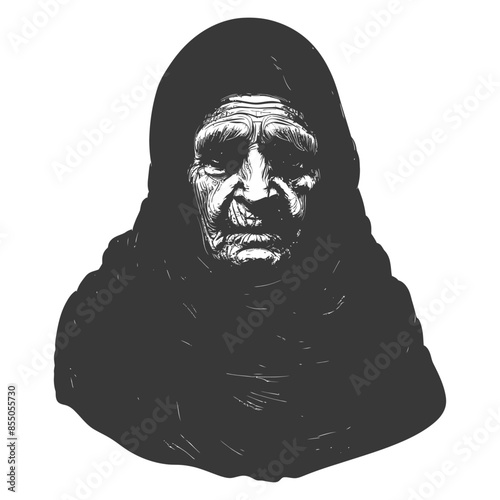 muslim elderly woman with engraving style black color only