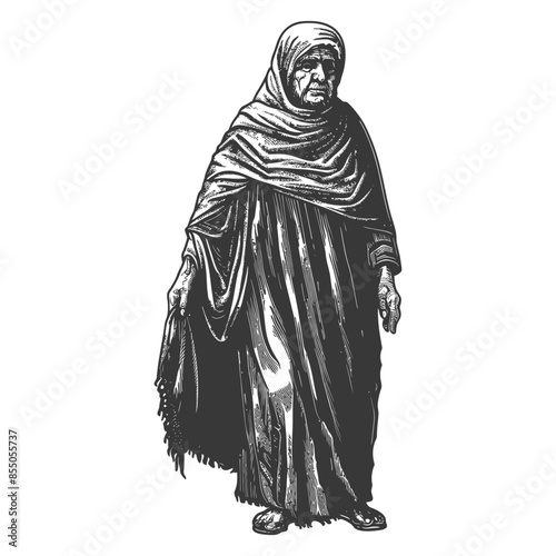 muslim elderly woman with engraving style black color only