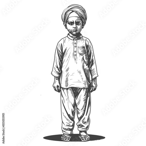 muslim little boy with engraving style black color only