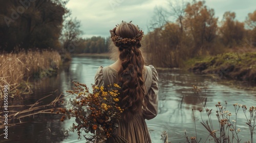 As she holds a wreath of flowers beside the river, she partakes in an ancient and mystical ceremony marking the summer solstice. photo