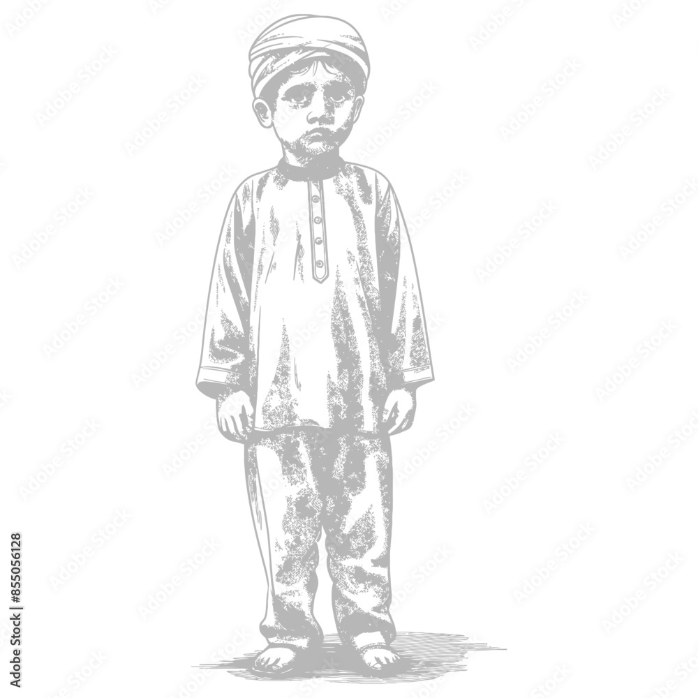 Fototapeta premium muslim little boy with engraving style black color only