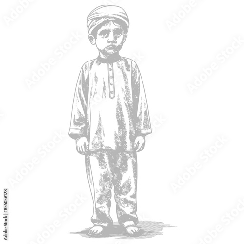 muslim little boy with engraving style black color only