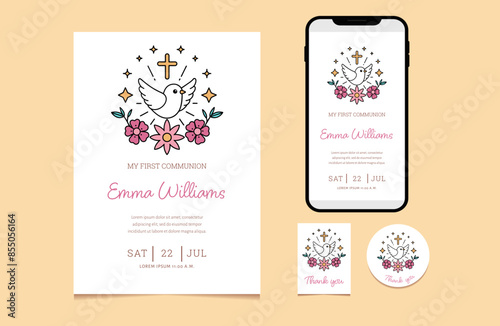 First communion invitation template, digital invitation, thank you cards, stationery set 