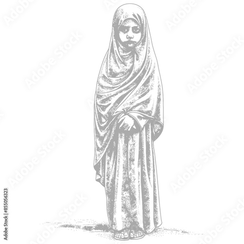 muslim little girl with engraving style black color only