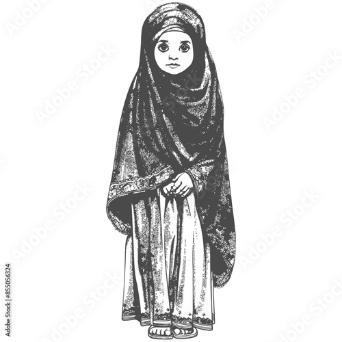 muslim little girl with engraving style black color only