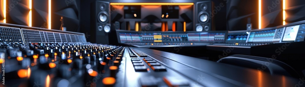 A minimalist ing of a recording studio control room A minimalist ing of a recording studio control room