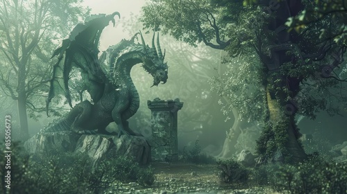 ancient dragon statue guarding mystical forest realm fantasy landscape © Bijac