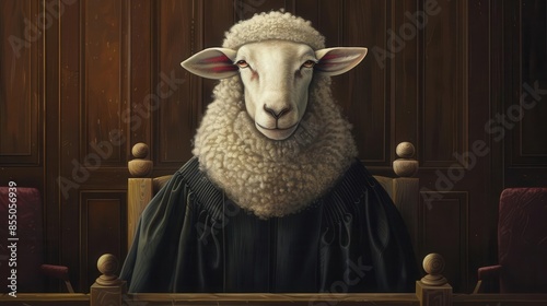 anthropomorphic sheep judge wearing black robe humorous animal portrait digital illustration