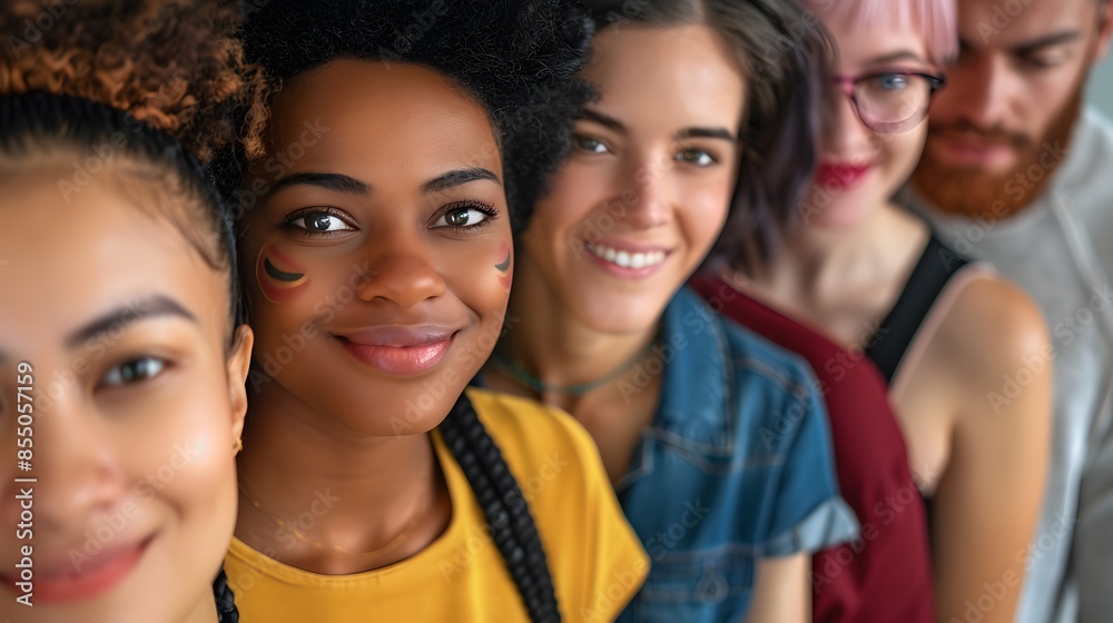 A group of women with colorful hair and makeup are standing together. Concept of unity and diversity, celebrating the beauty of different hair textures and styles A group of women with colorful hair and makeup are standing together. Concept of unity and diversity, celebrating the beauty of different hair textures and styles