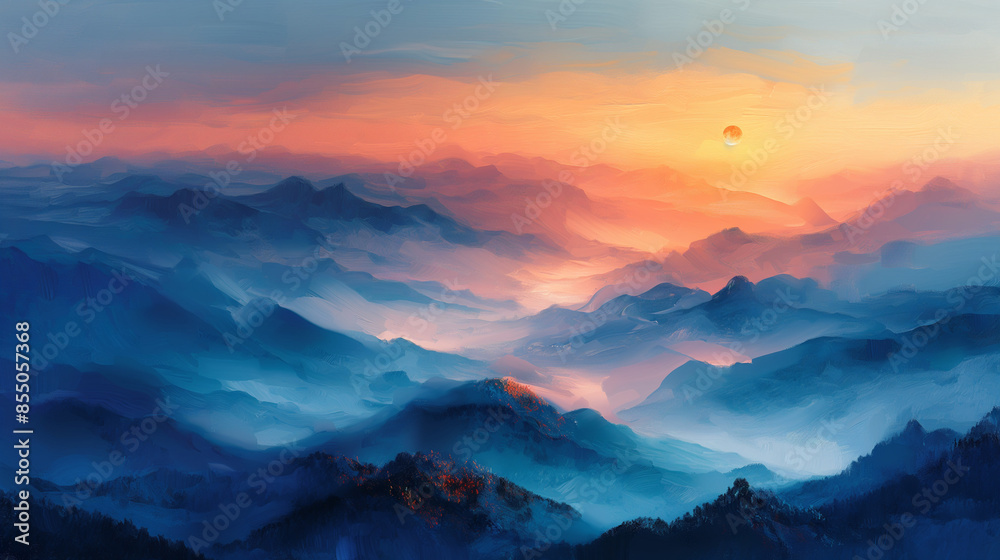 dreary Oil painting of A serene mountain landscape at dawn, where the air is crisp and the first light of the sun paints the peaks in hues of soft pink and orange. dreary Oil painting of A serene mountain landscape at dawn, where the air is crisp and the first light of the sun paints the peaks in hues of soft pink and orange.