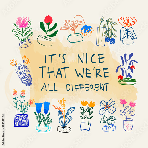  Beautiful flowers and plants  on pots, vases line art with text,lettering hand drawn vector illustration. floral and nature. Aesthetic wall art, prints, cards, cover, poster, decoration design.