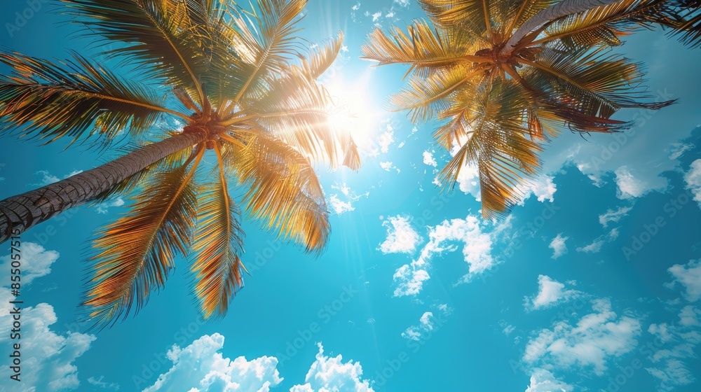 A sunny tropical background with palm trees and a blue sky. A view from below, A sunny tropical background with palm trees and a blue sky. A view from below,