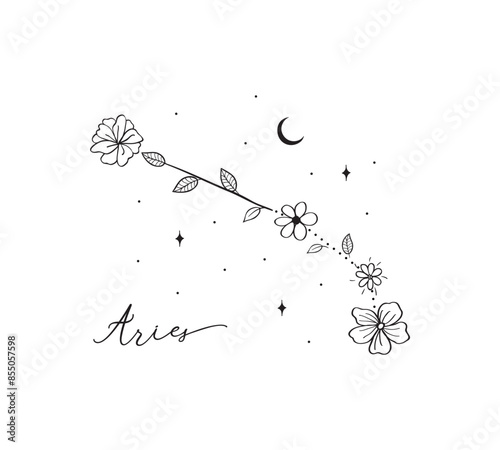 Aries constellation with Hand drawn doodle flowers, leaves, florals and stars. Vector art, graphic illustration clipart.