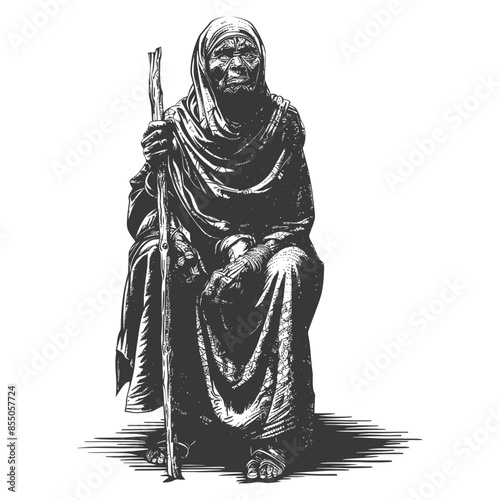 native African tribe elderly woman with engraving style black color only