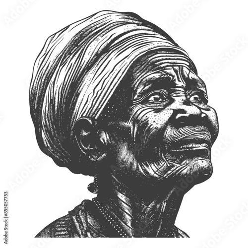 Engraved Portrait of an Elderly Woman in Headdress, Looking Upward