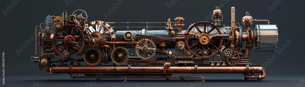 Fototapeta premium An intricate model of a steampunkinspired machine, with gears, pipes, and brass accents