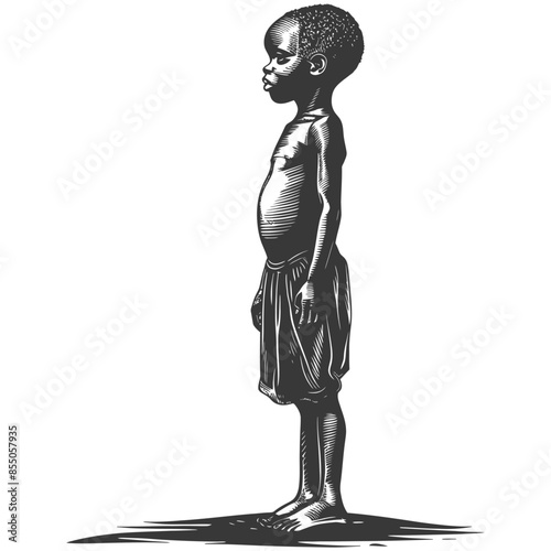 Etched Line Art: Vulnerable African Child, Profile View, Stylized Illustration.