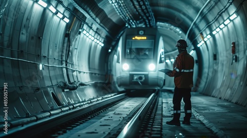 The image shows a subway tunnel with a train approaching. photo