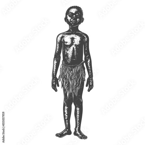 Vintage Engraving: Bare-Chested African Boy in Skirt, Full Body, Isolated on White.