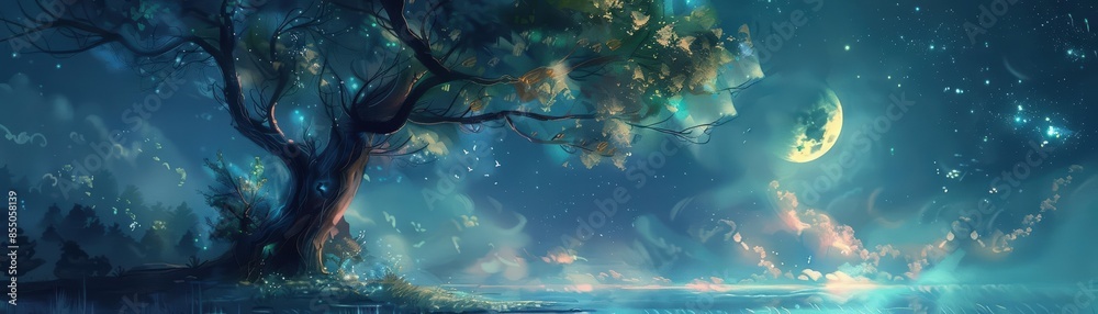 Fototapeta premium Artistic representation of a calm, moonlit night with a gentle lullaby visualized through soft, flowing colors and shapes