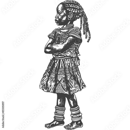 Etched African Girl: Braided Hair, Traditional Dress, Arms Crossed.